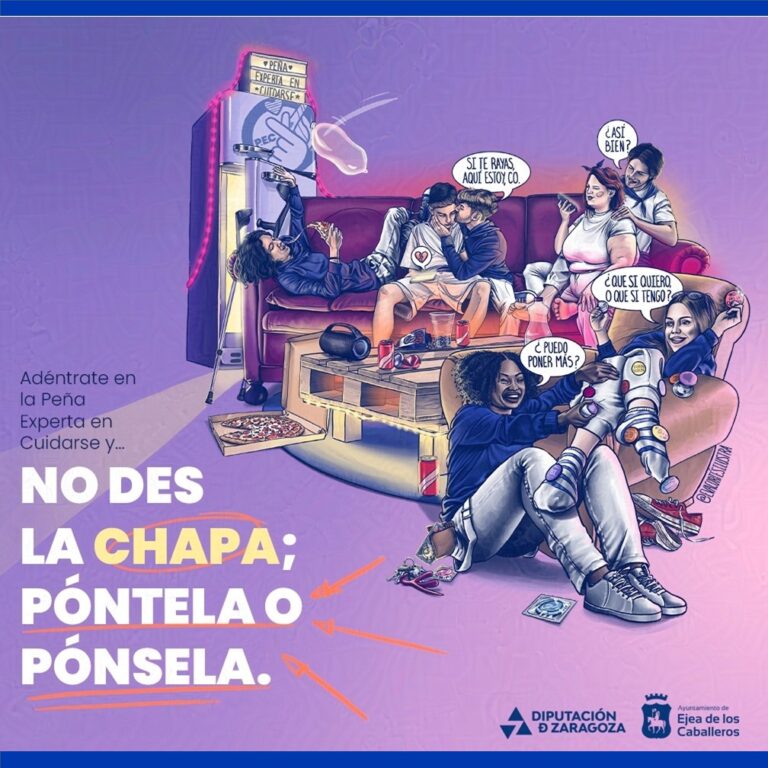 Lee más sobre el artículo Ejea lanza su campaña de igualdad para las Fiestas 2025 con el lema: “Adéntrate en la Peña Experta en Cuidarse y No des la chapa, póntela o pónsela”