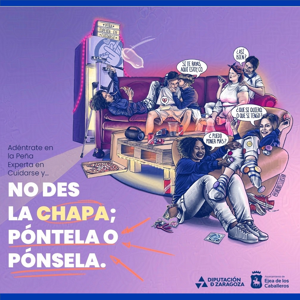 En este momento estás viendo Ejea lanza su campaña de igualdad para las Fiestas 2025 con el lema: “Adéntrate en la Peña Experta en Cuidarse y No des la chapa, póntela o pónsela”
